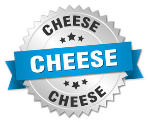 cheese 3d silver badge with blue ribbon