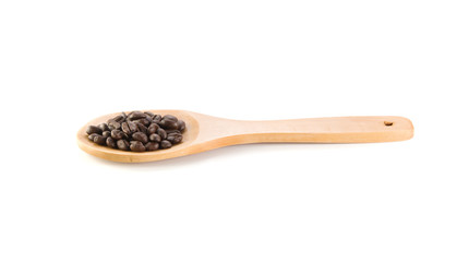 Fresh beans , wooden spoon on white background.