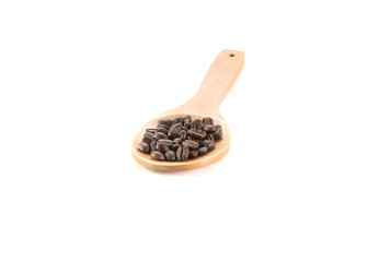 Fresh beans , wooden spoon on white background.