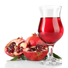 Pomegranate and glass of juice isolated on white