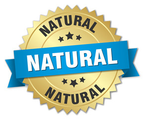 natural 3d gold badge with blue ribbon