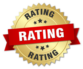 rating 3d gold badge with red ribbon