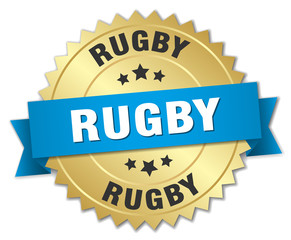 rugby 3d gold badge with blue ribbon