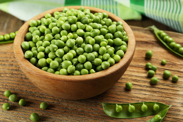 Fresh green peas in bowl on table close up