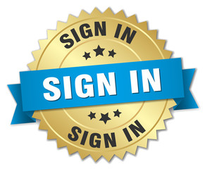 sign in 3d gold badge with blue ribbon