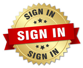sign in 3d gold badge with red ribbon
