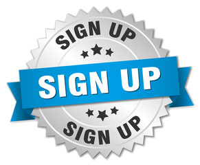 sign up 3d silver badge with blue ribbon