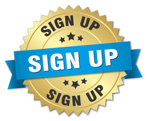 sign up 3d gold badge with blue ribbon