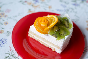 piece of cake with yogurt and fruit