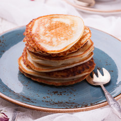 Cottage cheese pancakes with raspberry jam.selective focus..