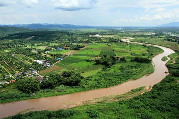 Aerial view of Ping River across paddy field, Chiang Mai, Thaila