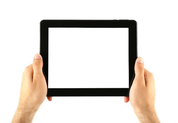 Male hands holding tablet isolated on white