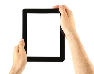 Male hands holding tablet isolated on white