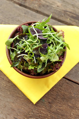 Fresh mixed green salad in bowl on wooden table close up