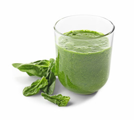 Glass of spinach juice isolated on white