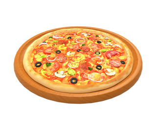 Pizza on a wooden plate