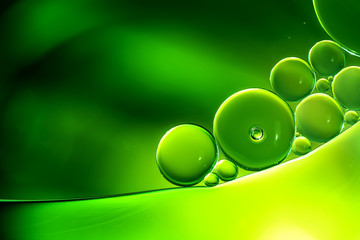Abstract background, green oil droplets on water surface.