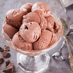 Chocolate ice-cream. The ice cream balls in a glass ramekin.selective focus