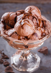Chocolate ice-cream. The ice cream balls in a glass ramekin.selective focus