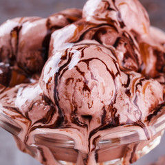 Chocolate ice-cream. The ice cream balls in a glass ramekin.selective focus