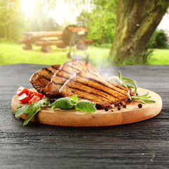 desk of steak and grill 