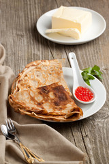 Red caviar and pancakes