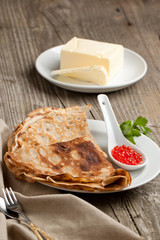 Red caviar and pancakes