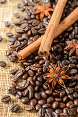 coffee beans and  cinnamon sticks