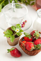 Basket of fresh strawberries and milk