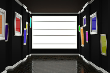 Plinths parquet and two uneven wall on which hang colorful paintings. 3d illustration Interior.