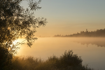 Scenic sunrise over a river in Siberia - 90177679