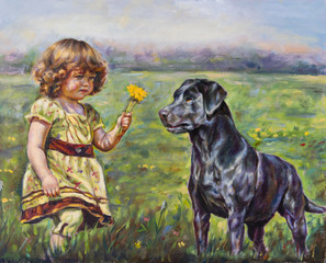 oil painting on canvas of a girl with her little flower and dog