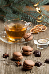 Chocolate macarons and cup of tea