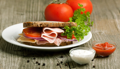Plate with sandwich and tow kind of sauces