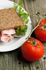 Plate with sandwich and tow fresh tomatoes