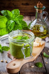 homemade pesto in a glass jar