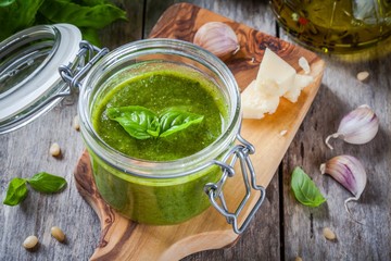 homemade pesto in a glass jar