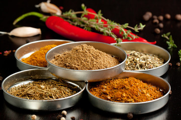 Set of spices and chili peppers