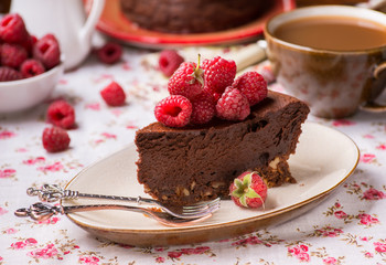 Homemade chocolate cake with raspberry