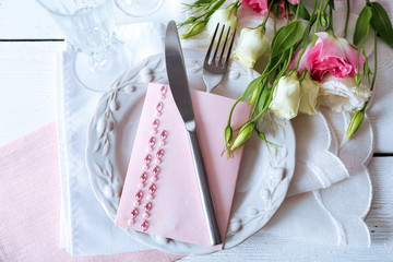 Table setting with spring flowers, close-up