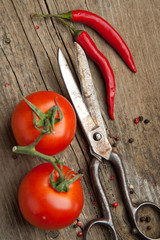 Old scissors and vegetables