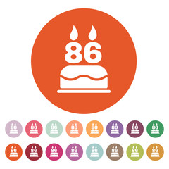 The birthday cake with candles in the form of number 86 icon. Birthday symbol. Flat