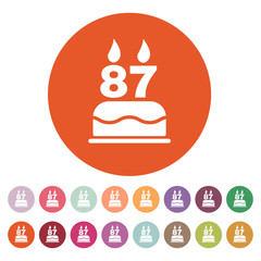 The birthday cake with candles in the form of number 87 icon. Birthday symbol. Flat