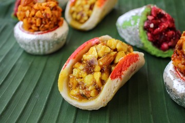 Indian sweets on banana leaf