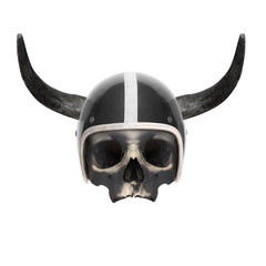Retro motorcycle helmet with bull's long horns on the skull.