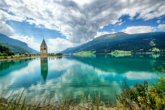 Bell tower of the Reschensee (Resia) South Tyrol Italy