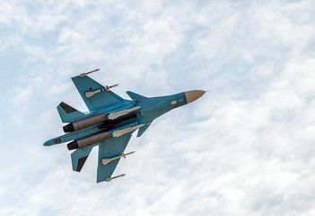 New Russian strike fighter Sukhoi Su-34, air force plane flying in sky - obrazy, fototapety, plakaty