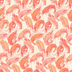 Shrimps. Seamless pattern background. Drawn illustration, sketch, doodle - 90190290
