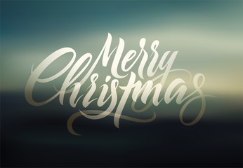 Merry Christmas. Calligraphic retro Christmas greeting card design on blurry background. Vector illustration. Eps 10.