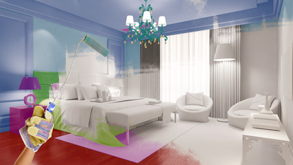 Hand von Maler verleiht Raum Farbe